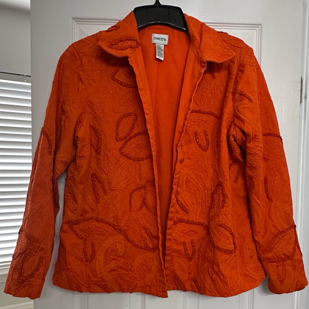 Chico's Embroidered Women's Orange jacket is a size 3.
